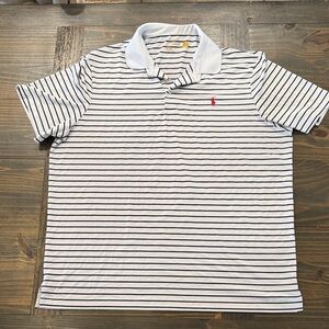 Polo-Style Gray/Black Striped Short Sleeve Shirt with Red Logo